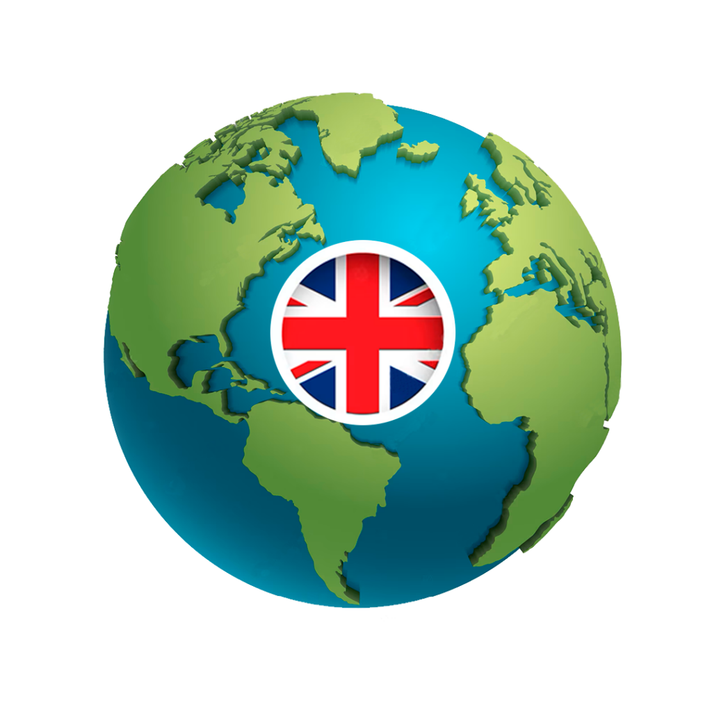 Representación de un globo terráqueo con la bandera británica, destacando las puertas abiertas mediante el dominio del idioma inglés